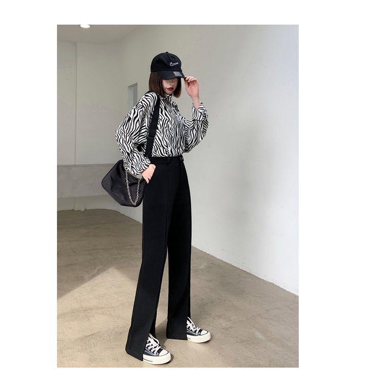 Front slit suit pants women's summer split wide leg pants straight loose spring and autumn trousers