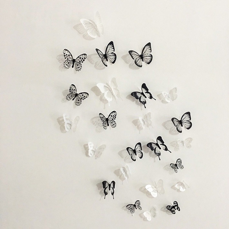 Set 12/24 Bươm Bướm 3D Màu Trắng Đen Nhiều Kích Thước Có Thể Tháo Rời Trang Trí Phòng Ngủ