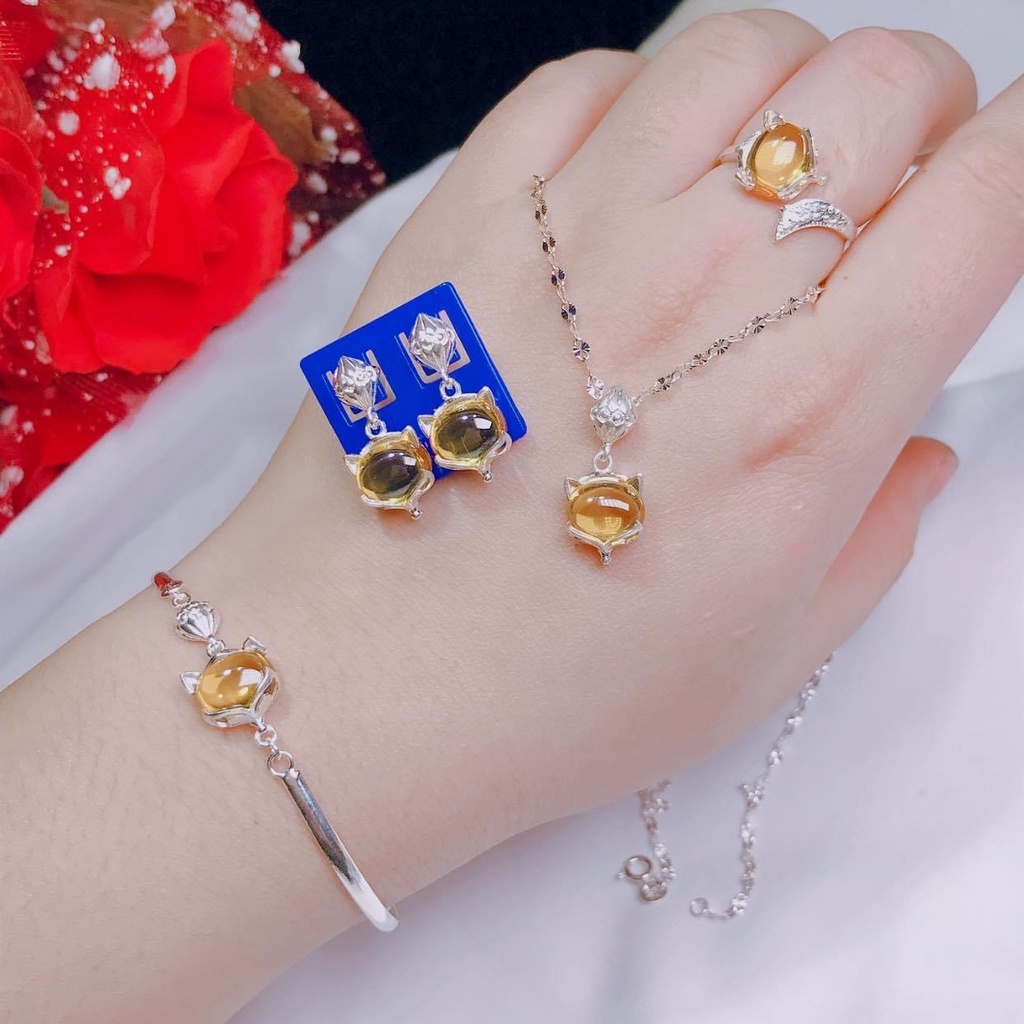 Bộ trang sức bạc ta mặt hồ ly gắn đá màu gồm Dây chuyền, Lắc tay,Bông tai và Nhẫn