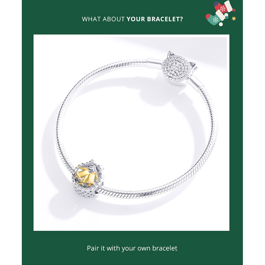 Mặt tráng sức Bamoer SCC1358 bằng bạc 925 hình chuông giáng sinh hợp thời trang DIY