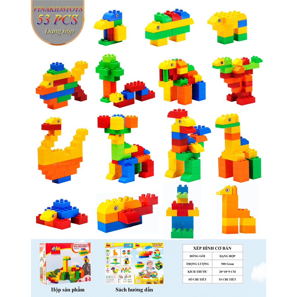 Lắp ghép FANTASTIC  VNKT001 (hộp 53 pcs)- Vinakidstoys ( tương thích lego duplo)