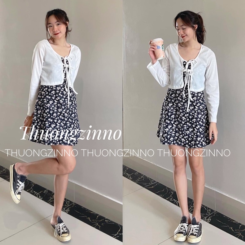 [HÀNG HAI LỚP] Váy hai dây hoa nhí nền đen xinh mix cadigan chất mát mềm mịn Set váy tiểu thư