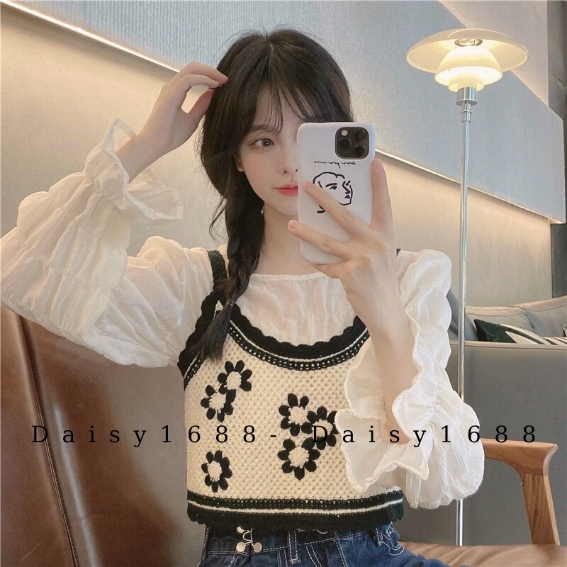 Có sẵn- Áo 2 dây Gile mặc ngoài sơ mi/ váy chất len móc Vintage