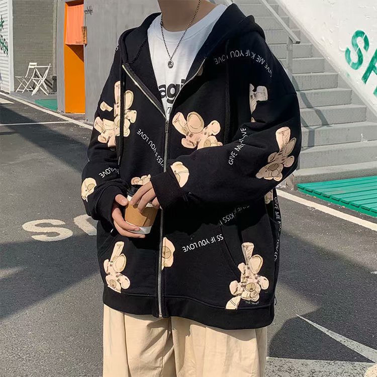 Áo Khoác Hoodie Dáng Rộng In Hình Gấu Đơn Giản Phong Cách Hàn Quốc Thời Trang Trẻ Trung Cho Nam