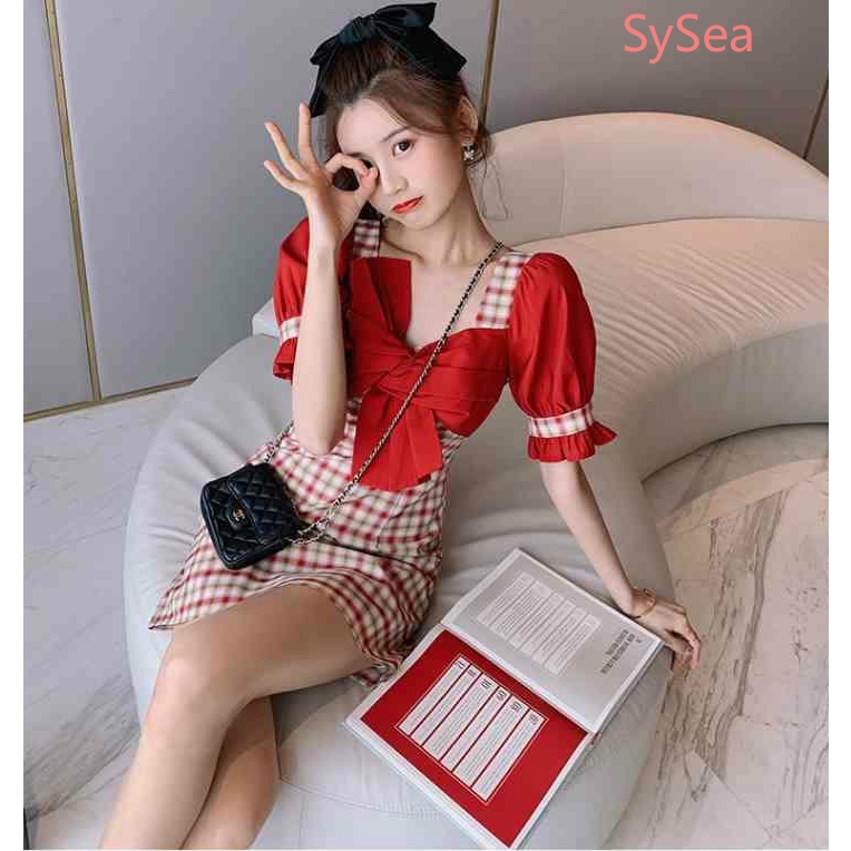 Đầm caro lưng cao thắt nơ cổ vuông phong cách mùa hè thời trang Hàn Quốc cho nữ | BigBuy360 - bigbuy360.vn