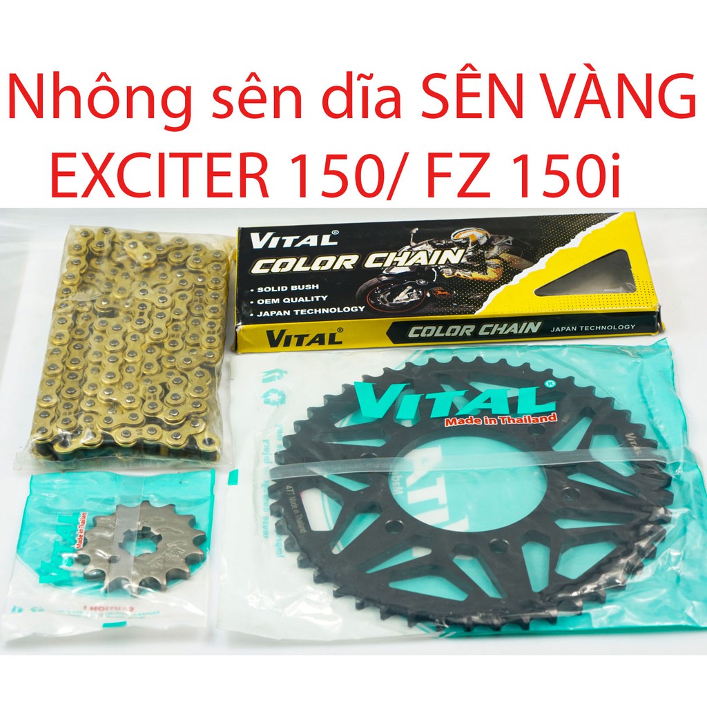 Nhông sên dĩa Ex150 / Ex 150 / EXCITER 150 /  Fz150i SÊN VÀNG 9 ly hiệu VITAL - NSD, xích đĩa tải chính hãng Thái Lan