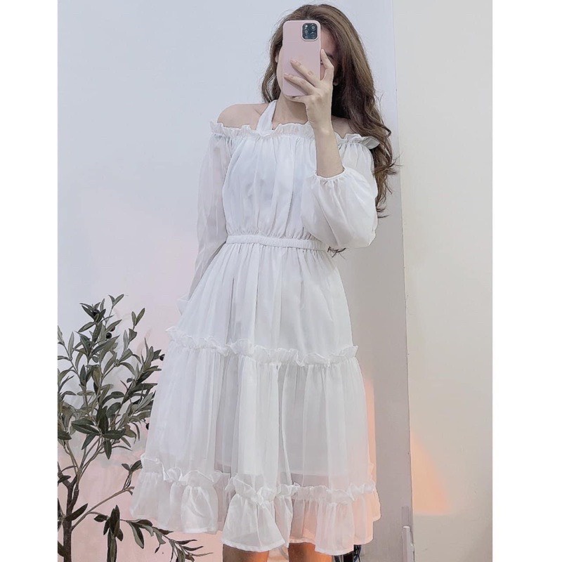 Váy, Đầm trễ vai công chúa đính nơ tay bồng chất voan lụa mặc được 2 kiểu phong cách tiểu thư hàn quốc, TONGKHOQUANAONU