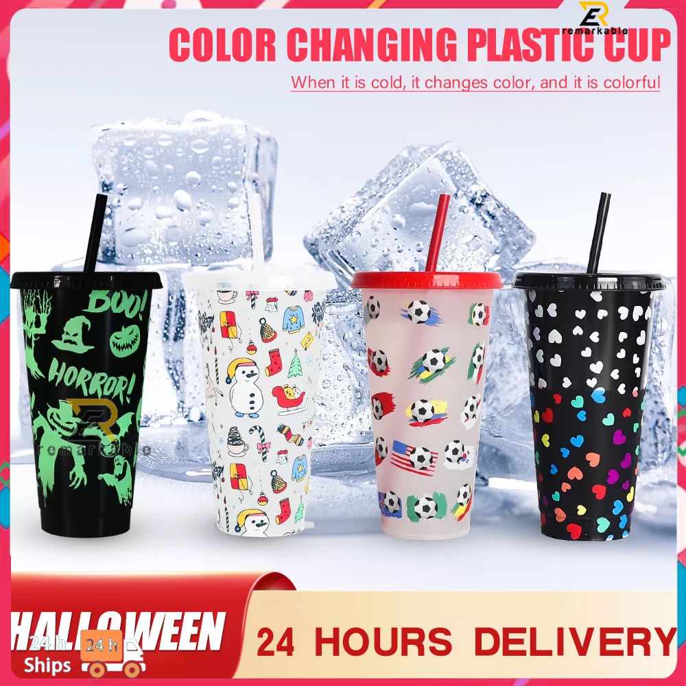 Sẵn Sàng Cổ 710Ml Halloween Có Thể Tái Sử Dụng Nhựa Dẻo Matte Cà Phê Chai Lọ Đổi Màu Ống Hút Cốc Có Nắp