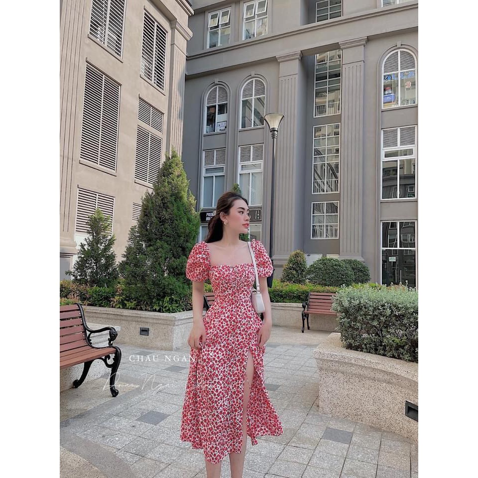 [Ảnh thật/video] Váy hoa nhí xẻ tà tay bồng Đầm maxi hoa nhí đi biển cực đẹp | BigBuy360 - bigbuy360.vn