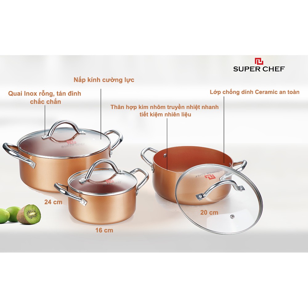 Bộ nồi nắp kính đáy từ SUPER CHEF (16-20-24cm)