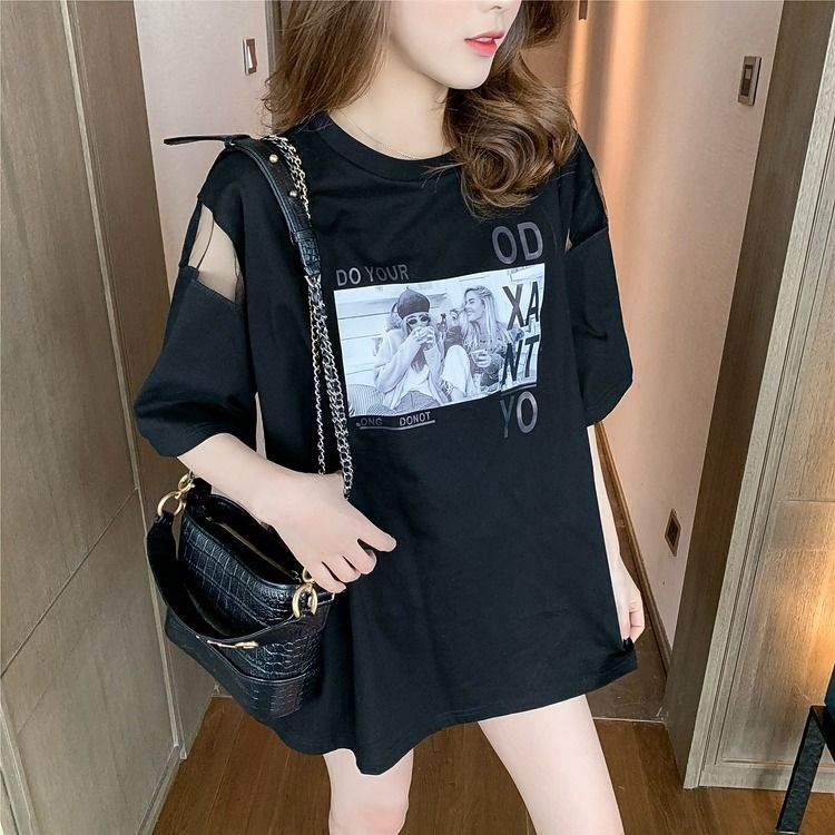 Áo Thun Cotton Tay Ngắn Dáng Rộng Phối Lưới Thời Trang Hàn Quốc Mới 2022