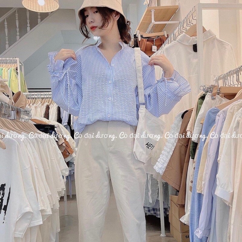 Áo sơmi xốp kẻ sọc cổ tàu phối tay bèo rút dây Ulzzang