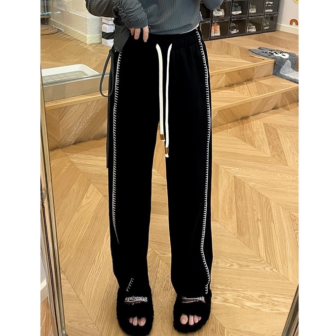 Quần Dài Thể Thao Lưng Cao Ống Đứng Màu Đen Phối Dây Rút Phong Cách Hàn Quốc Thời Trang Cho Nữ