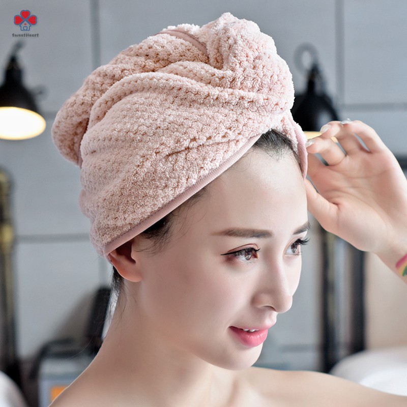 Khăn quấn đầu lau khô tóc nhanh chóng bằng microfiber có nút cài tiện lợi | BigBuy360 - bigbuy360.vn