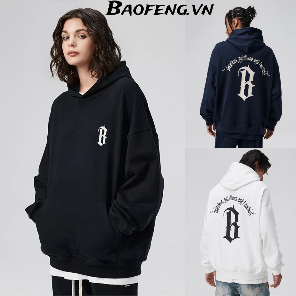 Áo hoodie cặp nam nữ in chữ B áo hood nữ form rộng phong cách Hàn Quố cáo chui đầu Unisex sành điệu áo hooded chui đầu cặp đôi