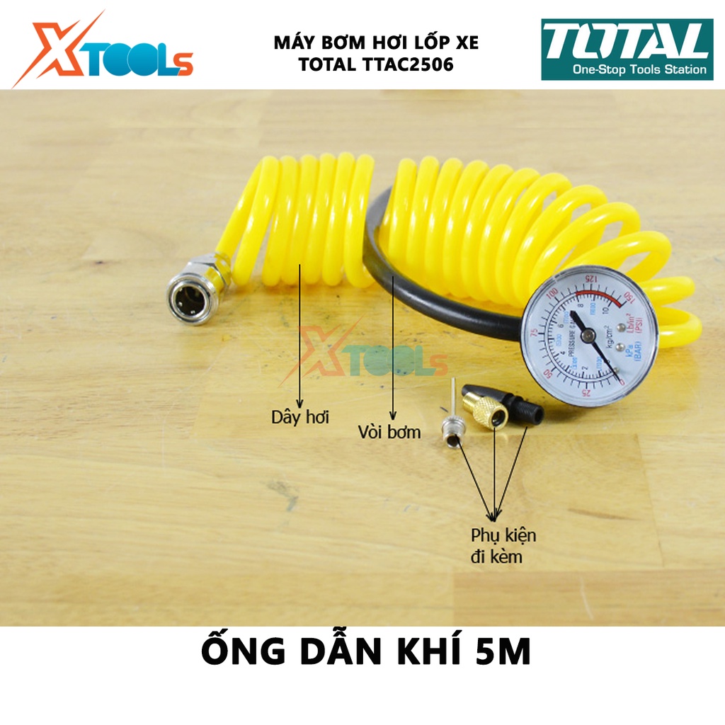 Máy bơm hơi lốp xe ô tô Total TTAC2506  | máy nén khí mini áp suất tối đa 110 psi. lưu lượng khí, đường kính xilanh: 30m