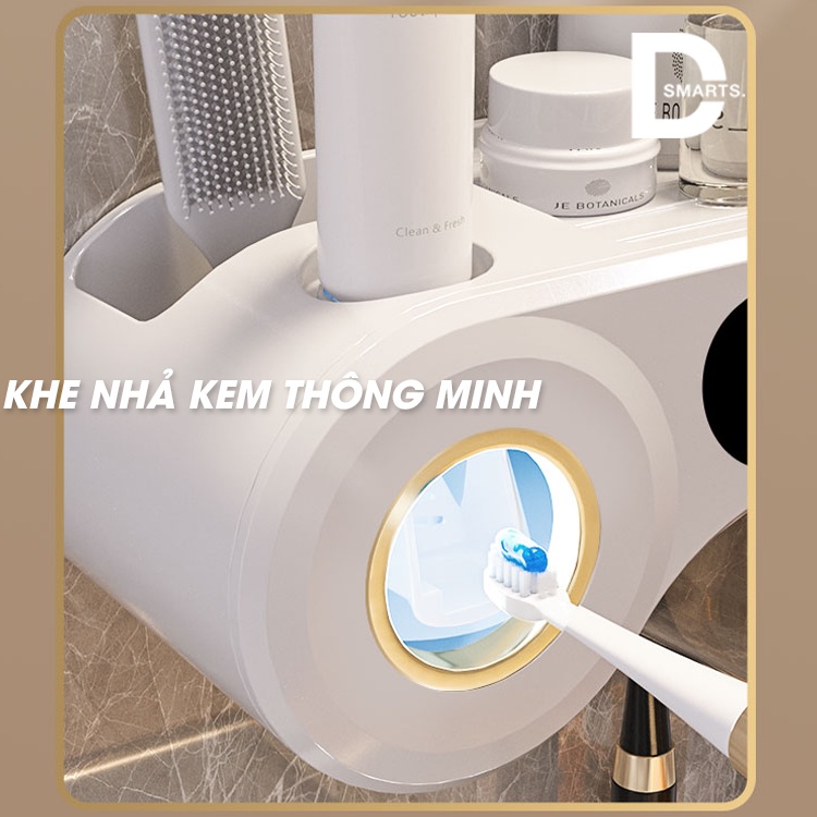 Bộ nhả kem đánh răng tự động, Kệ để đồ phòng tắm cao cấp kèm miếng dán