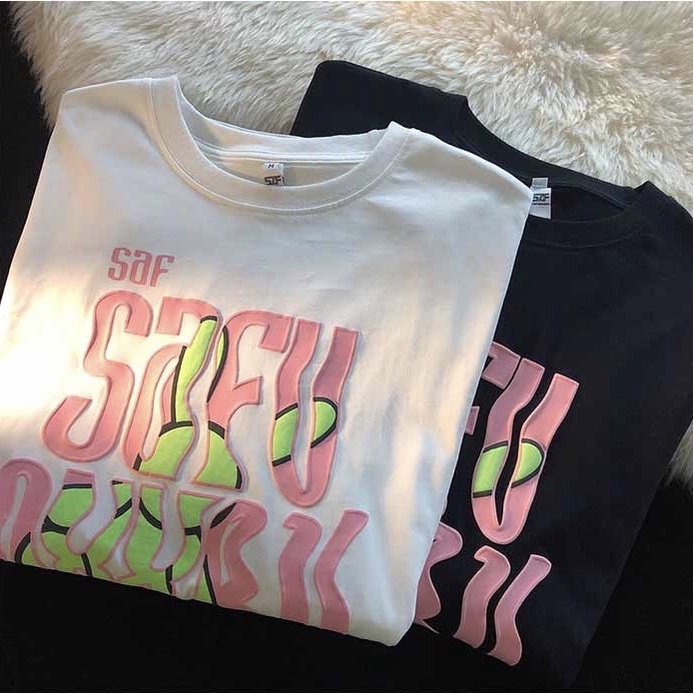 Áo phông nam nữ form rộng 2N Unisex thun cotton in Safu trắng/đen