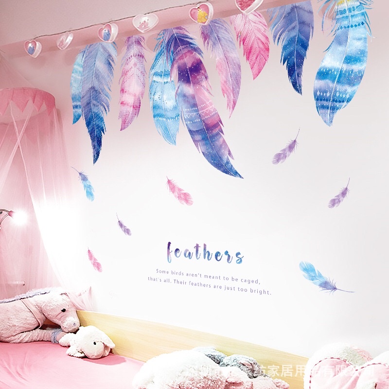 Decal dán tường,Tranh dán tường lông vũ sắc màu trang trí phòng ngủ.