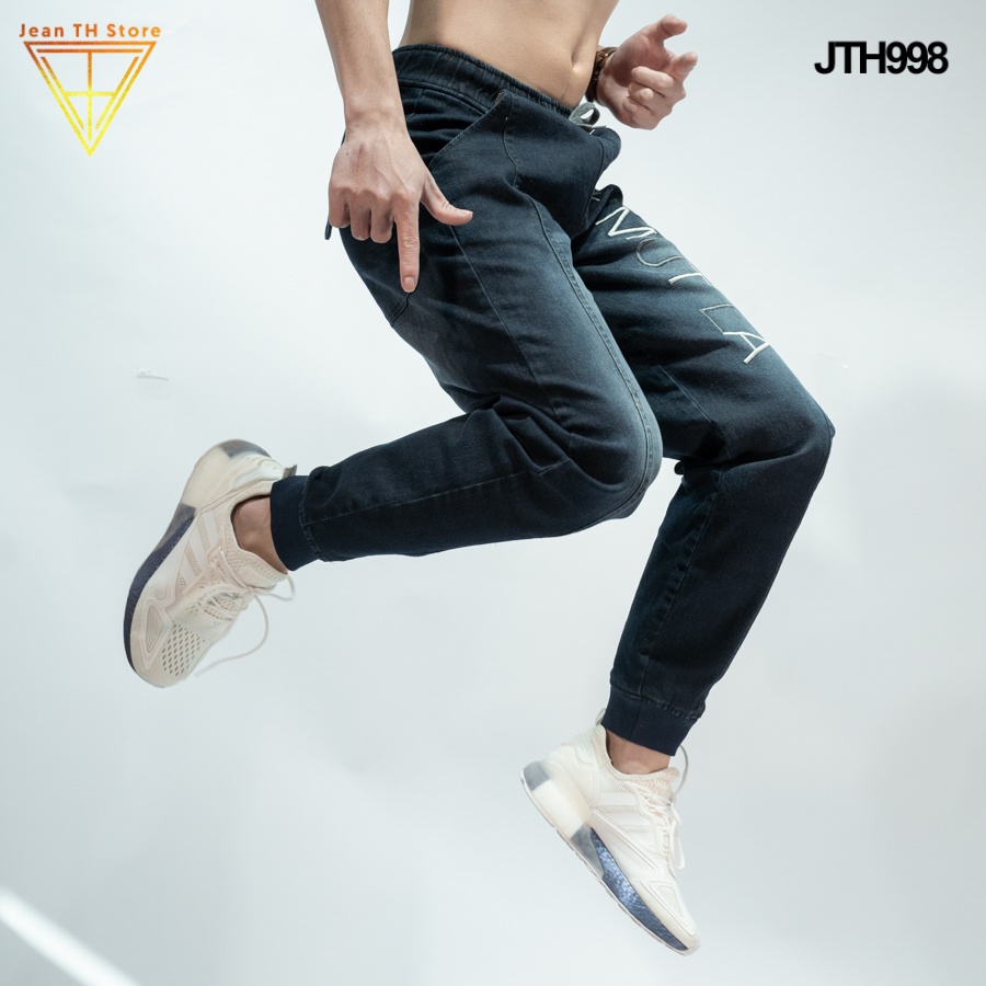 Quần Jogger Nam Thể Thao TH Store  Bo Gấu Có Dây Rút Dáng Hàn Chất Jean Xanh Đen Phối Chữ Cao Cấp Ullzang