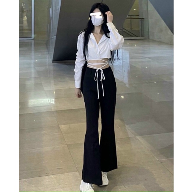SET CROP SƠ MI TRẮNG CỘT DÂY EO + QUẦN SUÔNG ĐEN✨