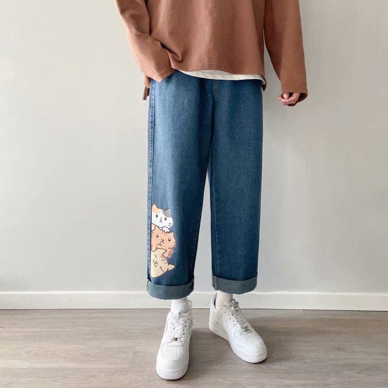 Men jeans Wide Leg denim pant Loose Straight Baggy men's jeans Streetwear Hip Hop casual Skateboard pants S-5XL Neutral trousers 2021 new net red jeans men's straight tube loose and fashionable students' Korean wide leg print pants