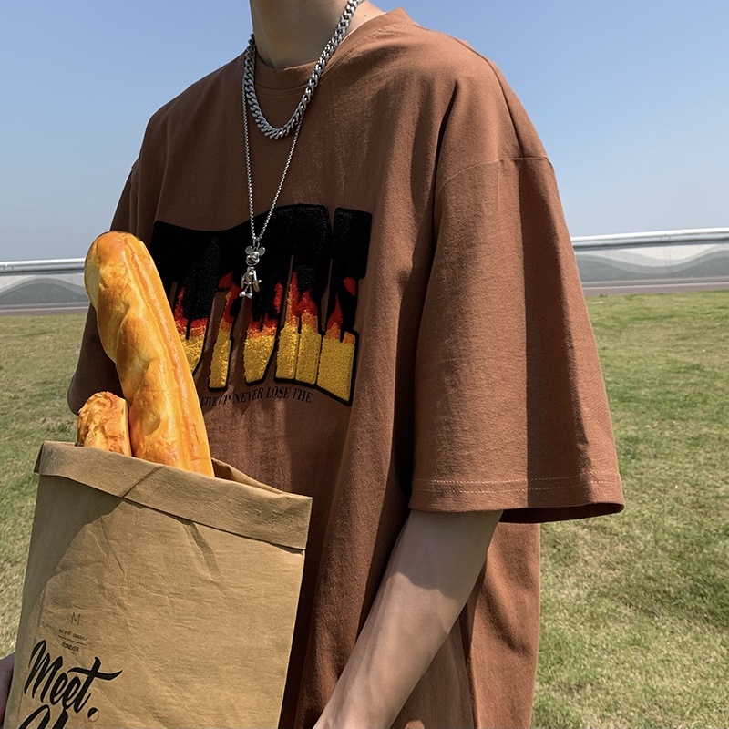 Áo Thun Nam Tay Ngắn Dáng Rộng Có Thêu Chữ Thời Trang Phong Cách