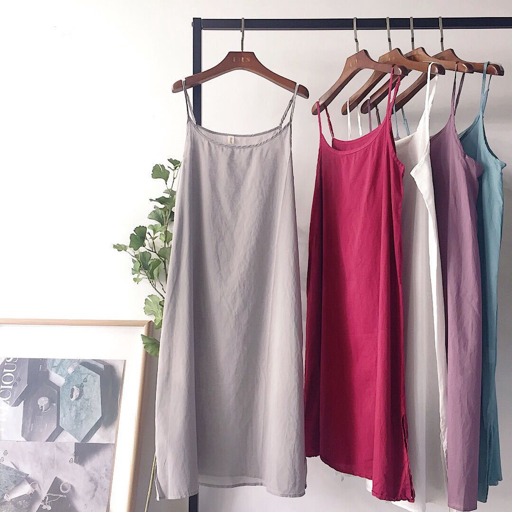 Đầm hai dây mặc lót dáng rộng dài vừa chất cotton linen mùa hè mới 2022 cho nữ