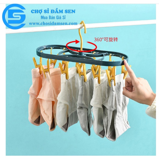 Móc treo Vớ nhựa xoay 360 độ kèm 12 móc chống gió, Móc phơi đồ lót, quần áo đa năng G269-Moctreovo-Ovan