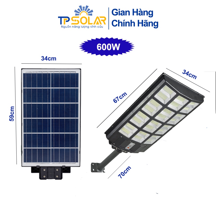 Đèn Đường Liền Thể 3 Mặt, Đèn Năng Lượng Mặt Trời Công Suất 600W TP Solar TP-D600N  Cảm Ứng Sáng Tối, Điều Khiển Từ Xa