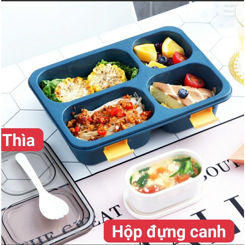 Hộp cơm 4 ngăn kèm thìa nhựa và hộp đựng canh cao cấp