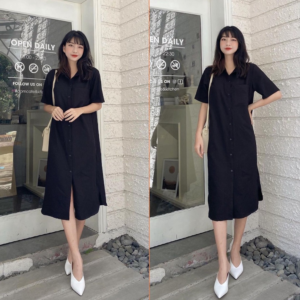 Váy sơ mi nữ dáng dài Linly Store thắt eo form suông vintage V-SMN