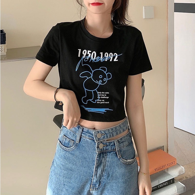 Áo thun ZHELIHANGFEI dáng ngắn in hình gấu dễ thương cho nữ