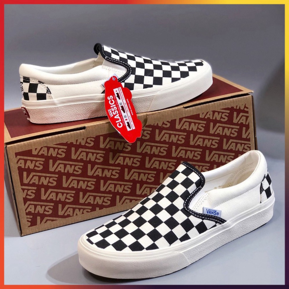 Giày lười nam nữ cao cấp full bill box, giày thể thao Slip On Vans Caro đẹp kẻ sọc đen trắng cá tính, đế êm lót da D18 | BigBuy360 - bigbuy360.vn