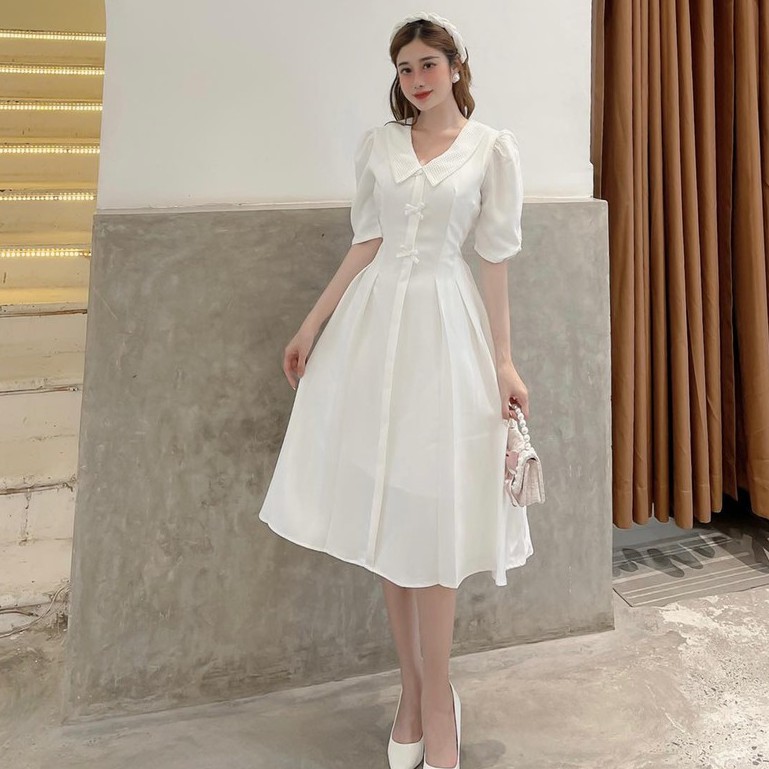 Đầm Xòe Cổ Ren Lưới Tiểu Thư cổ phối nơ Đi Tiệc Sang Trọng
