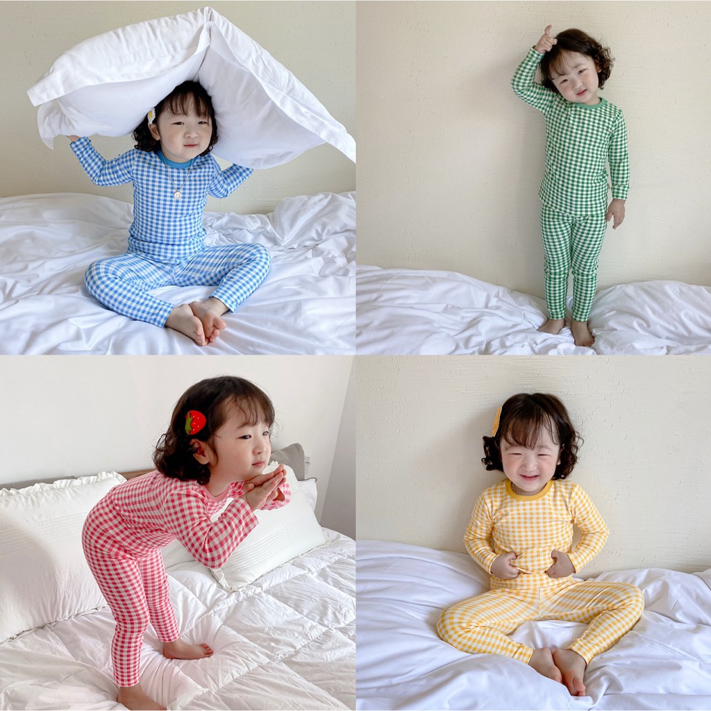 Bộ Đồ Ngủ Dài Tay Thu Đông Cho Bé Chất Thun Lạnh, Họa Tiết Kẻ Caro Dễ Thương