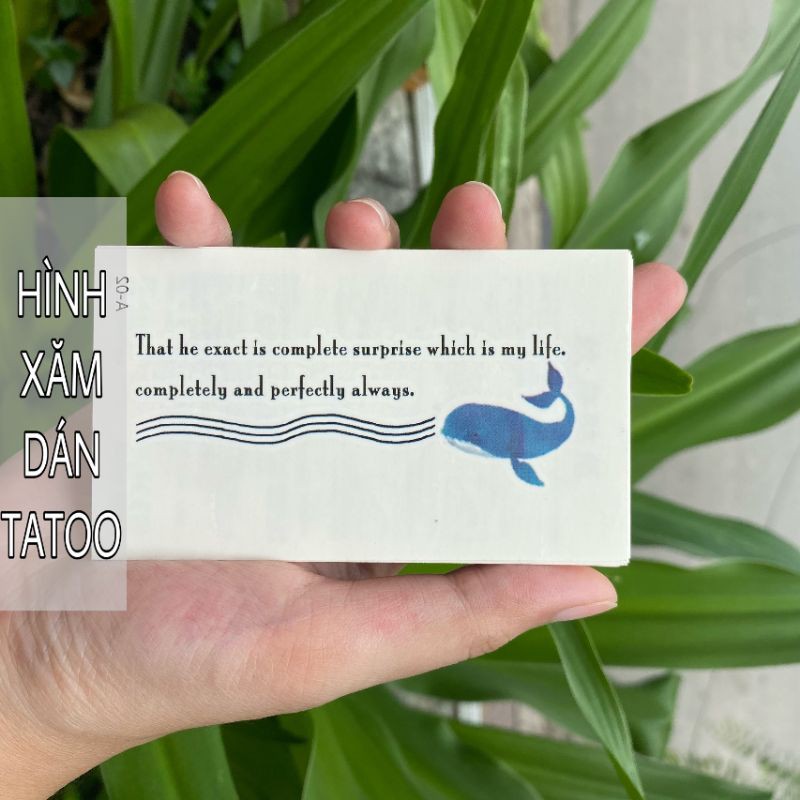 Hình xăm dòng chữ tiếng anh + cá voi biển a02. Tatoo dán tạm thời size 10x6cm