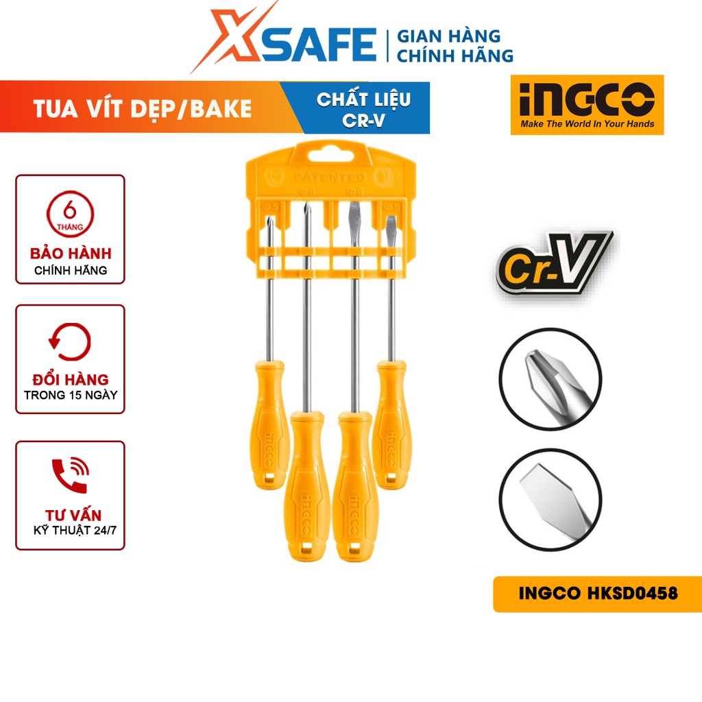 Bộ 4 tua vít INGCO HKSD0458 Bộ tuốc nơ vít 4 chi tiết chất liệu thép CR-V, tay cầm INGCO kiểu dáng mới, đóng gói vĩ nhựa
