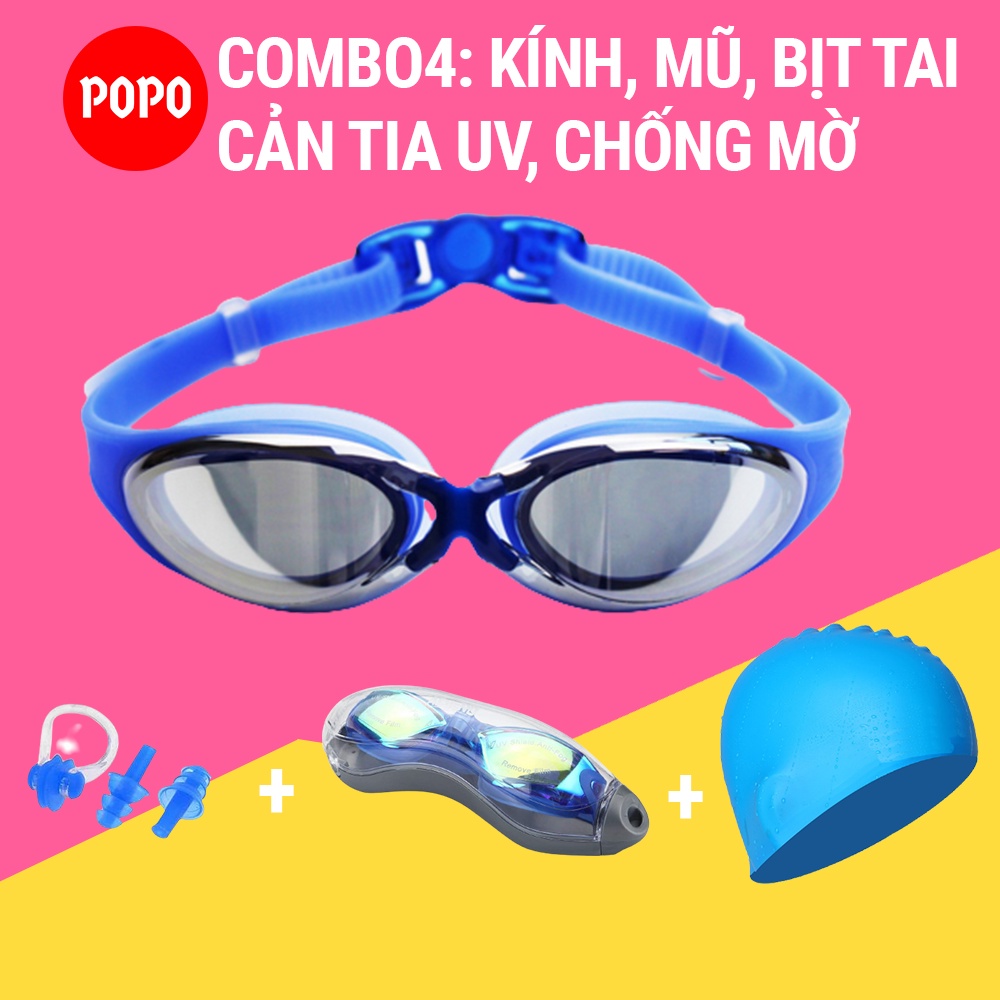 Kính bơi người lớn, kính bơi tráng gương kèm mũ bơi, bịt tai kẹp mũi cho nam nữ, trẻ em cho bé từ 6 tuổi