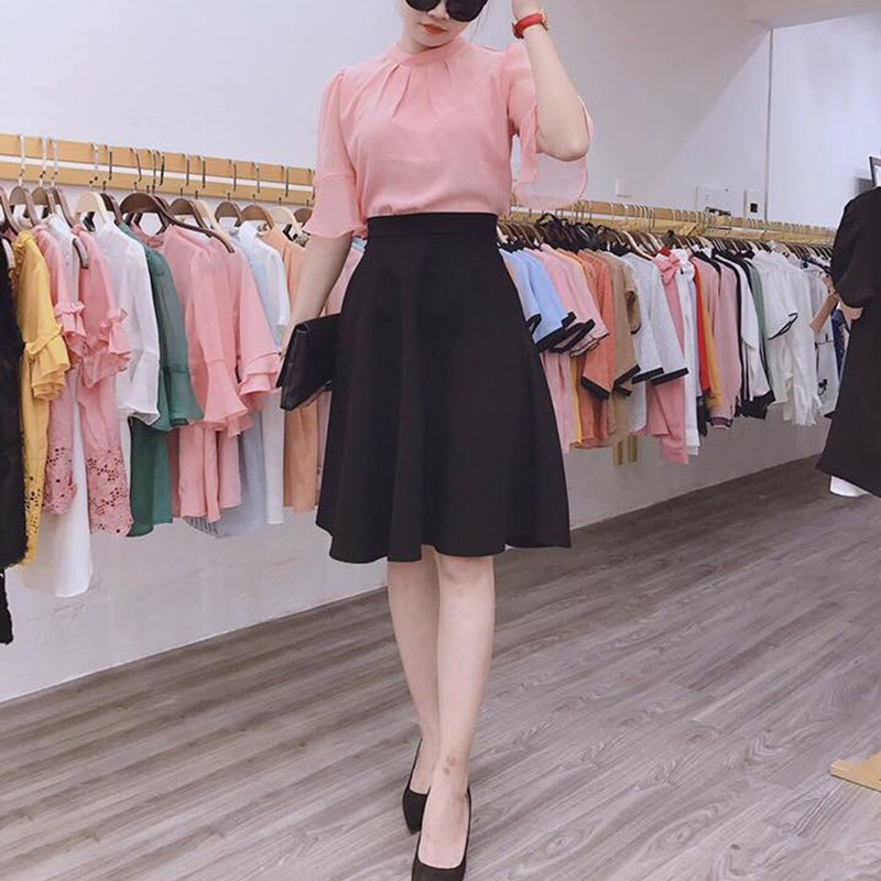 Chân váy xòe dài đến đầu gối MÀU ĐEN, KHÔNG HỌA TIẾT