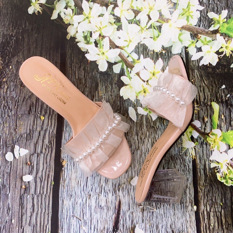 Guốc cao gót vuông trong 5p quai dún bánh bèo dây hạt châu phối ren