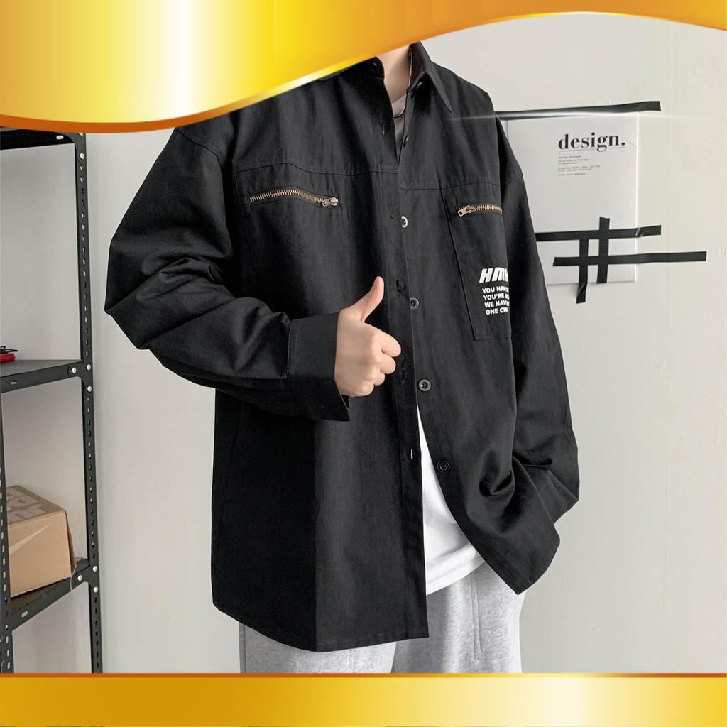 Áo sơ mi tay dài dáng rộng in chữ tiếng Anh phối nhiều túi khóa kéo có 3 màu tùy chọn cho nam cỡ M-3XL