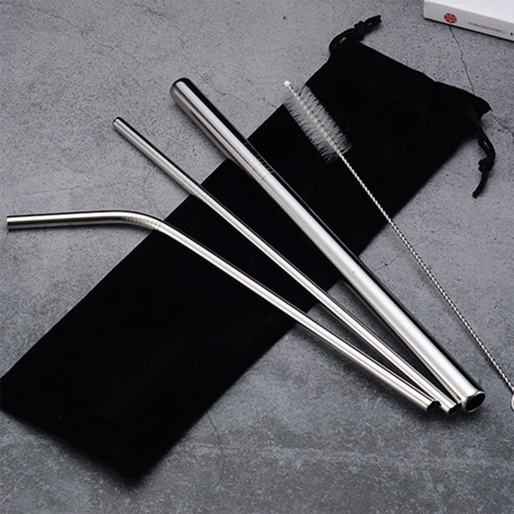 Bộ 3 Ống Hút Inox Màu Bạc Kèm Cọ Rửa Đủ Size Có Túi Dây Rút - MTDDT