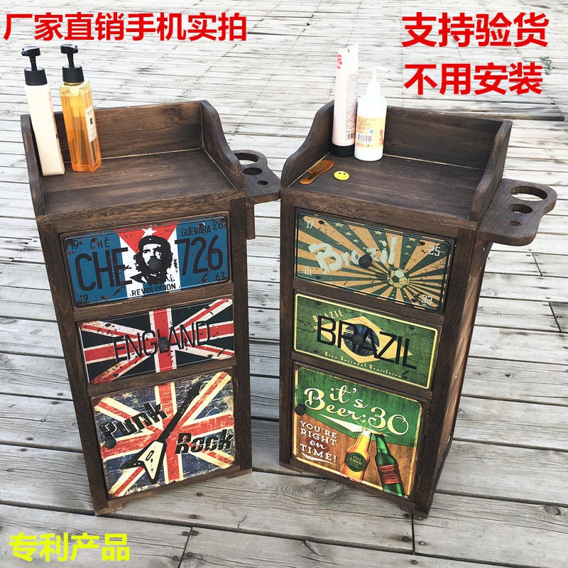 Tủ dụng cụ tiệm cắt tóc theo phong cách retro làm salon bàn gương ngăn kéo gỗ đặc đựng đồ