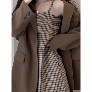 ORDER) - Set áo blazer + váy 2 dây kẻ thiết kế trẻ vintage Hàn Quốc-Order