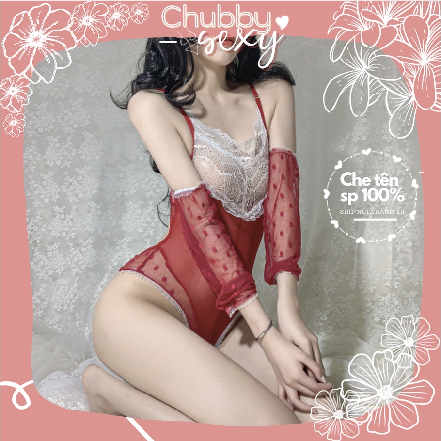 Bodysuit Corset Sexy Lady - Vải Ren Đỏ Chấm Bi Kèm Găng Tay Và Bờm Thỏ Cao Cấp Quyến Rũ Gợi Cảm - BDS11 - Chubby.Sexy