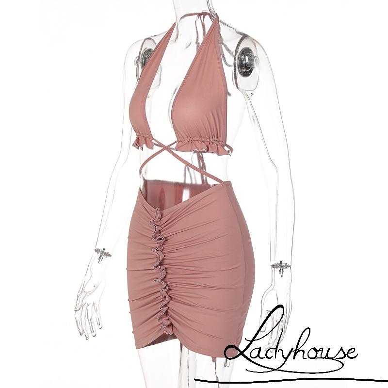 Ldd-bộ 2 Món Áo Croptop Hai Dây + Chân Váy Ngắn Eo Cao Thắt Nơ Màu Trơn Cho Nữ Dự Tiệc/Tiệc Tùng/Tiệc Tùng