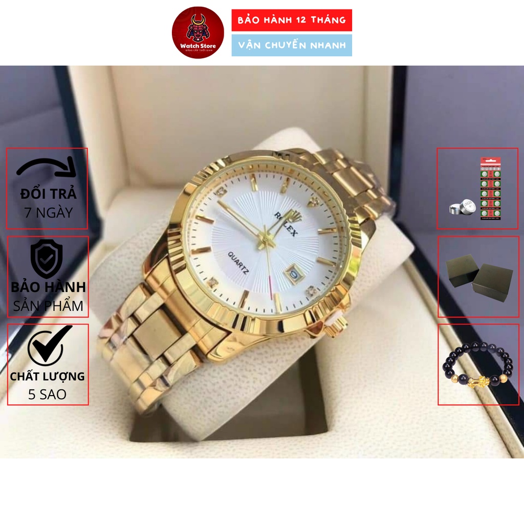 Đồng Hồ Rolex Nam Dây Thép Viền Băm Máy Quartz, mạ không rỉ, dây full vàng - bảo hành 24 thang