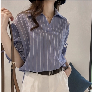 Sọc nữ áo mới Fan Hàn lỏng dây đeo áo sơ mi ngắn tay kích thước lớn áo sơ mi giản dị BF
