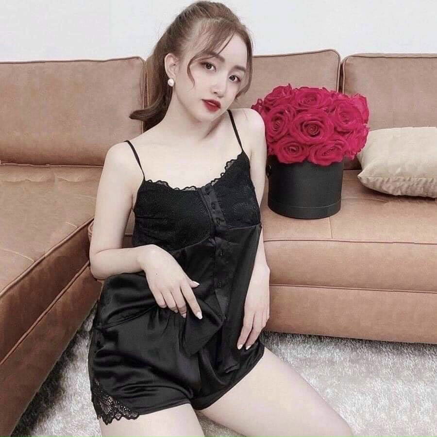 Set đồ ngủ đùi 2 dây phi bóng phối ren quyến rũ tôn dáng tôn da | BigBuy360 - bigbuy360.vn